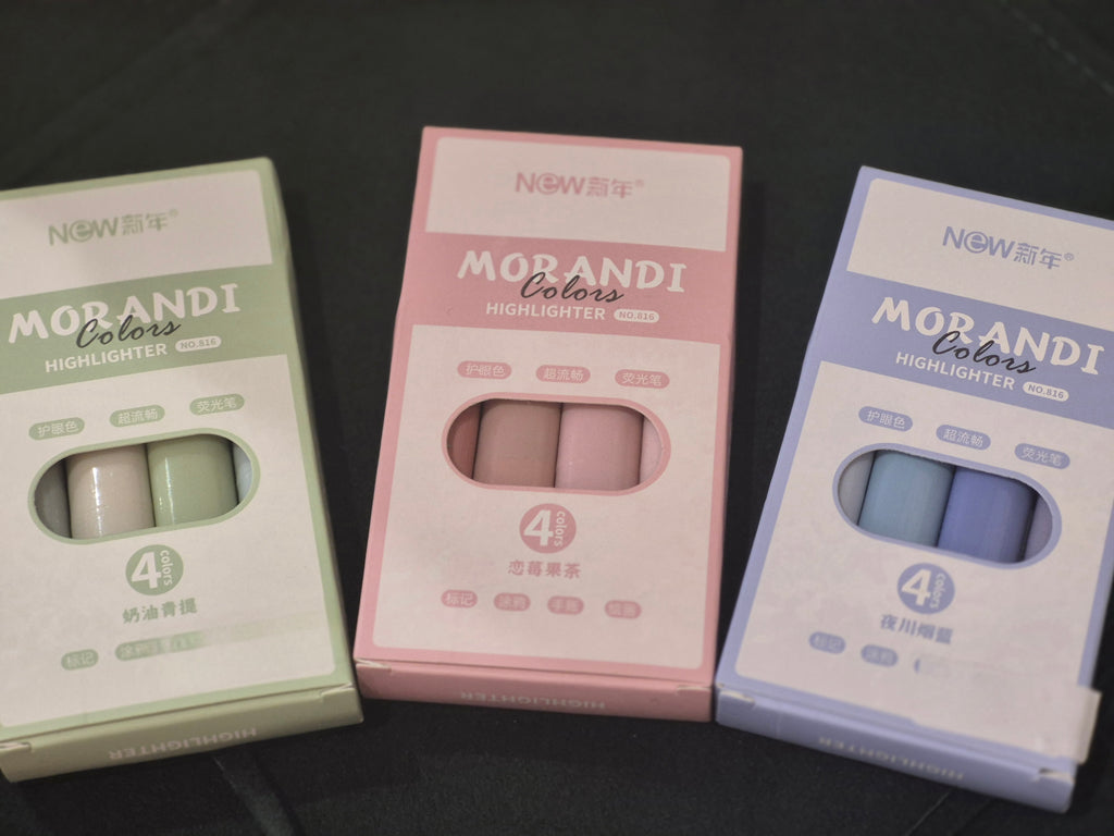 Three pastel highlighter sets in green, pink, and purple packaging