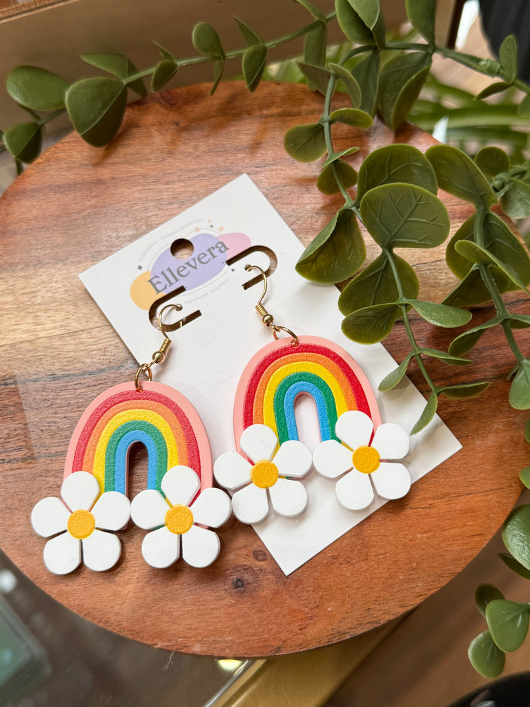 Handmade rainbow and daisy statement polymer clay earrings