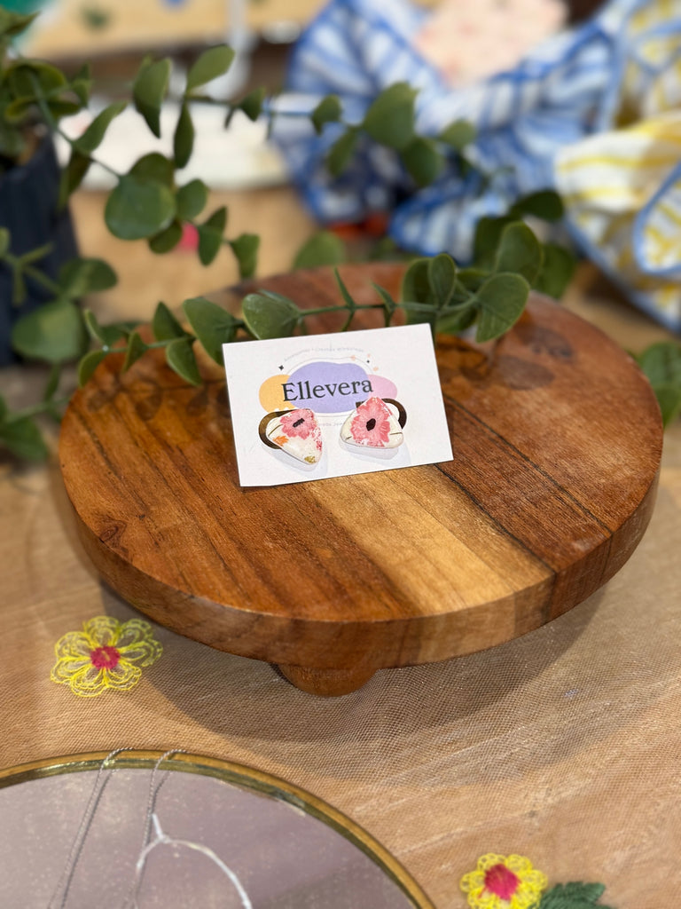 Handmade pink flower drop earrings with delicate floral design displayed on Ellevera backing card.