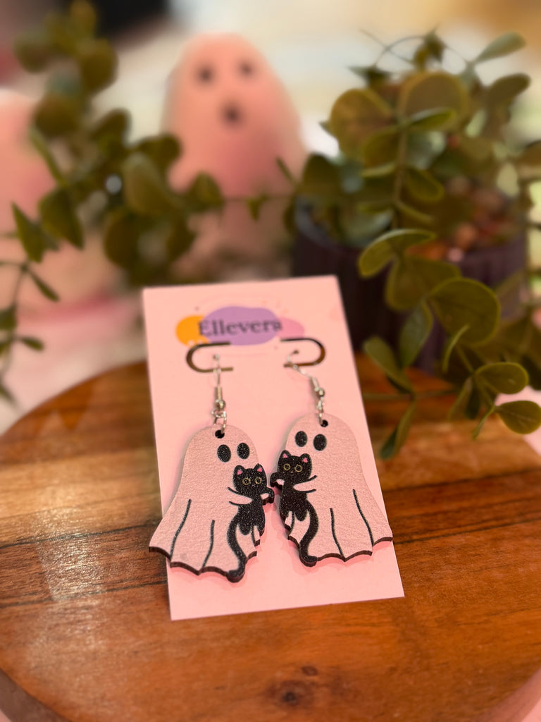 Acrylic ghost earrings with black cat design on Ellevera backing card