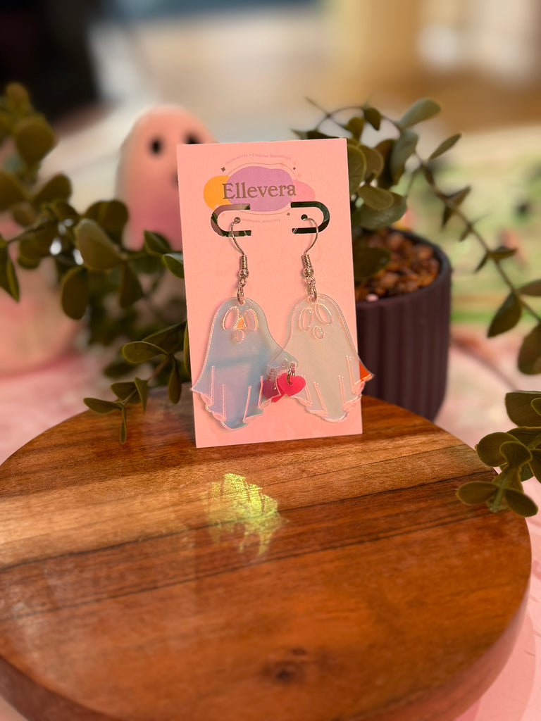 Pastel acrylic ghost earrings with pink heart charm, Halloween jewellery by Ellevera.