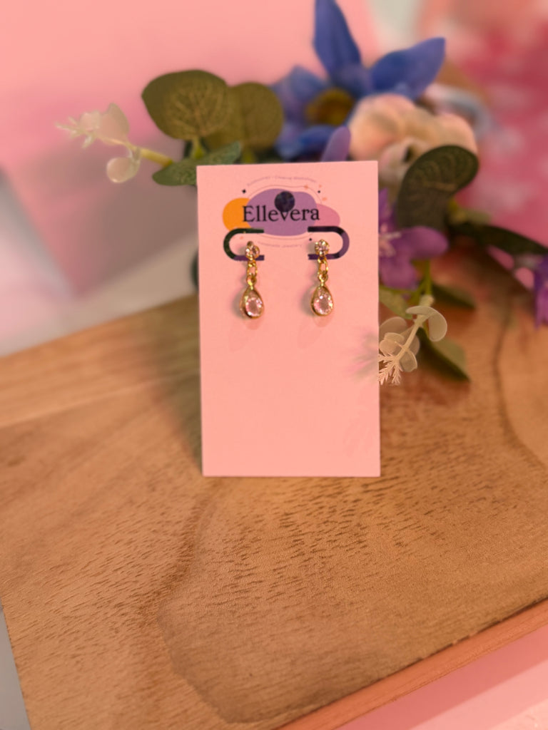 Gold teardrop crystal earrings displayed on Ellevera backing card.