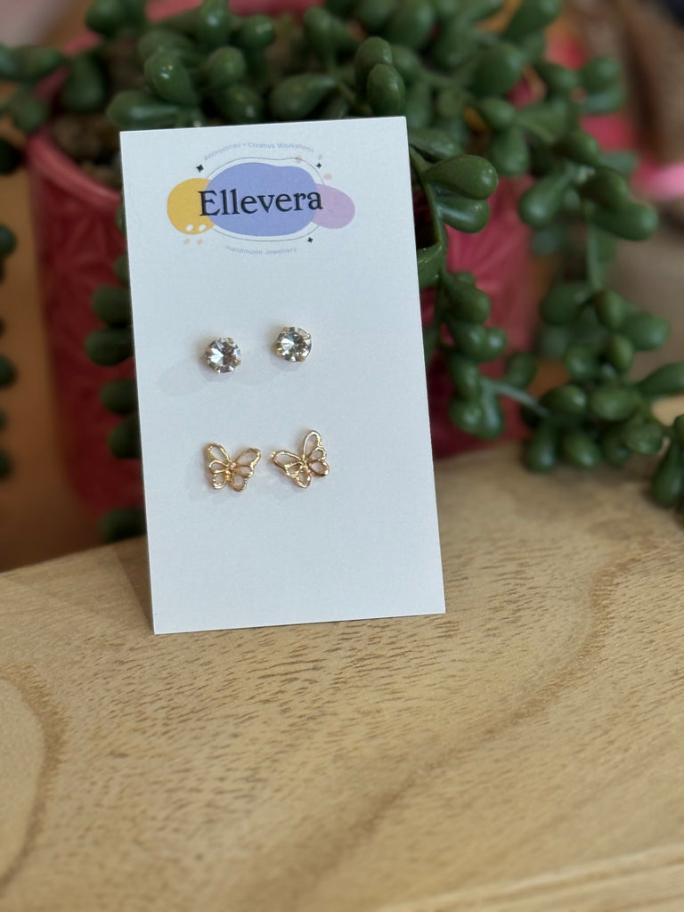 Two-pair earring set on Ellevera card – one pair of crystal studs and one pair of gold butterfly studs.